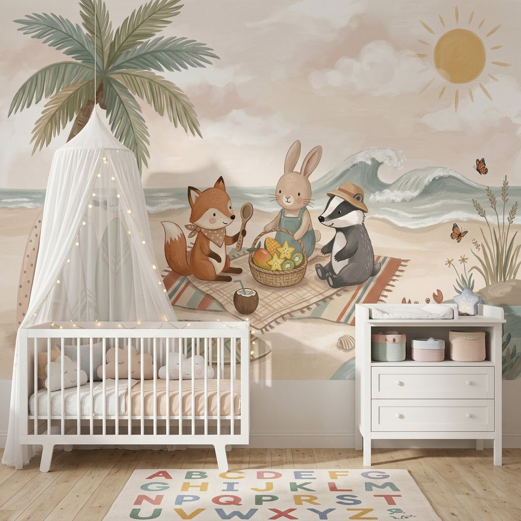Beach Picnic Wallpaper Cute Animals Removable Coastal Wall Decor
