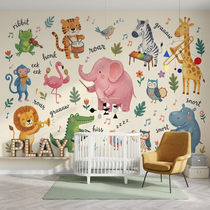 Kids Wallpaper Cute Animals Removable Musical Instruments Wall Decor
