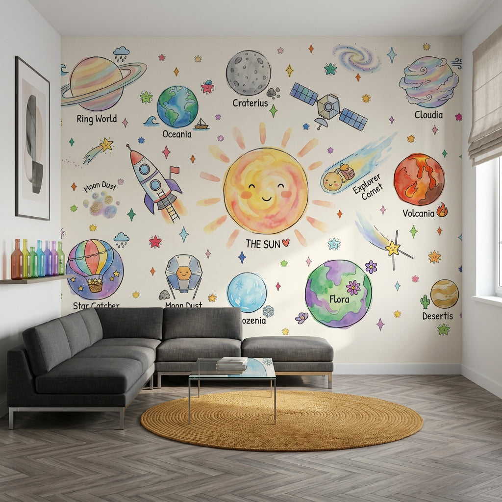 Space Wallpaper Planets Removable Sun Wall Decor