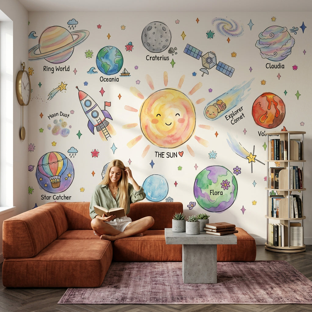 Space Wallpaper Planets Removable Sun Wall Decor