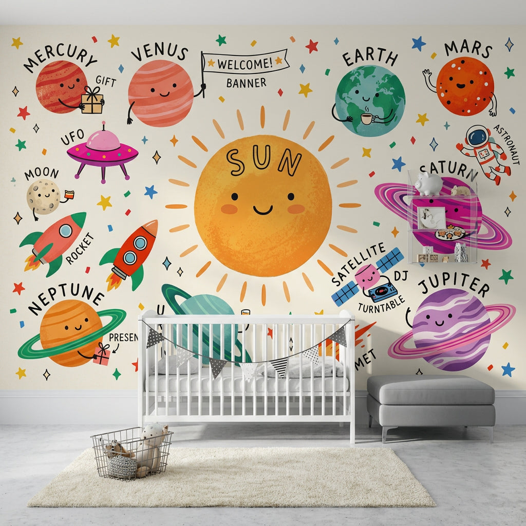 Solar System Wallpaper Space Cute Cartoon Wall Mural