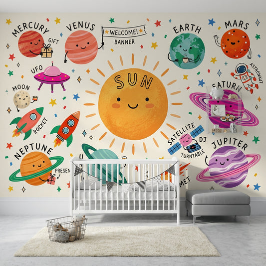 Solar System Wallpaper Space Cute Cartoon Wall Mural