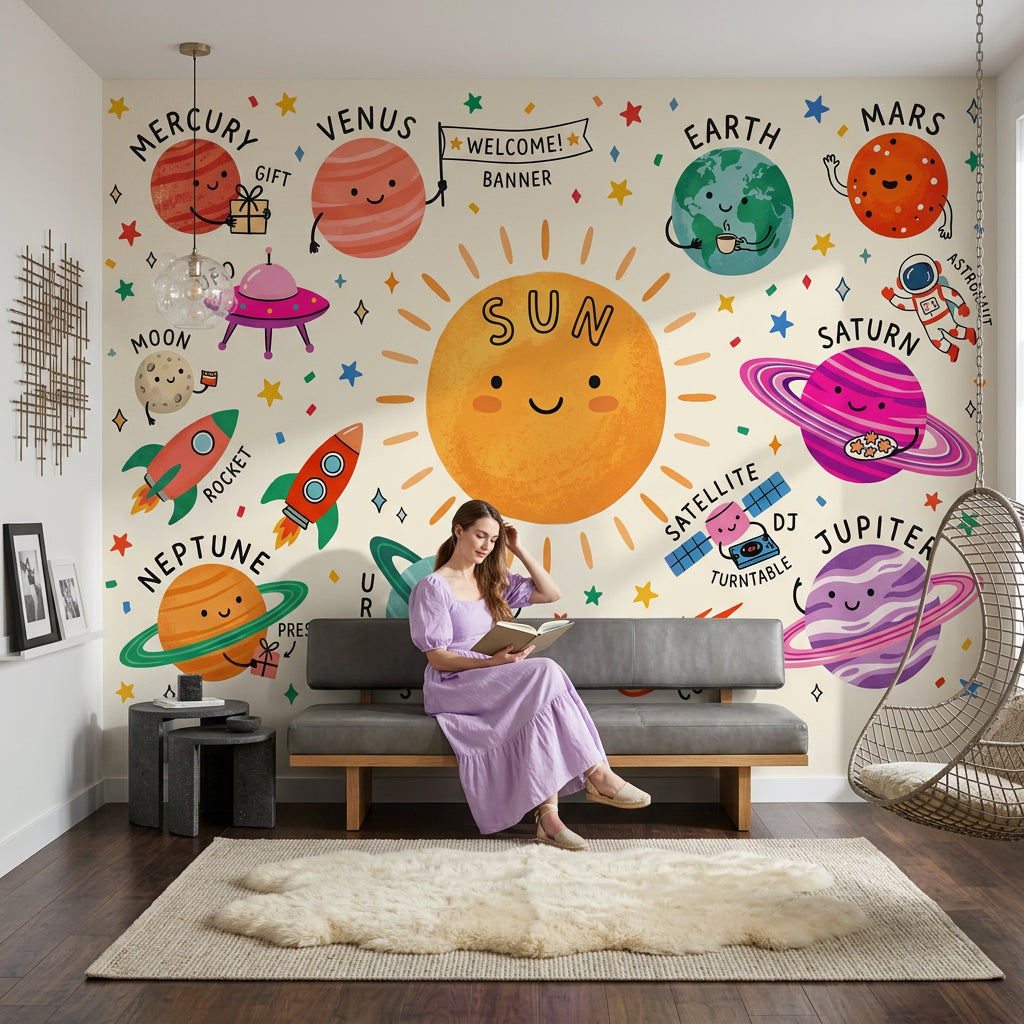 Solar System Wallpaper Space Cute Cartoon Wall Mural
