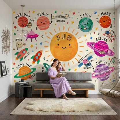Solar System Wallpaper Space Cute Cartoon Wall Mural