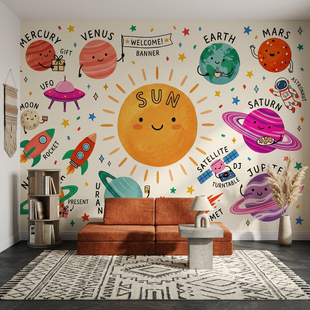 Solar System Wallpaper Space Cute Cartoon Wall Mural