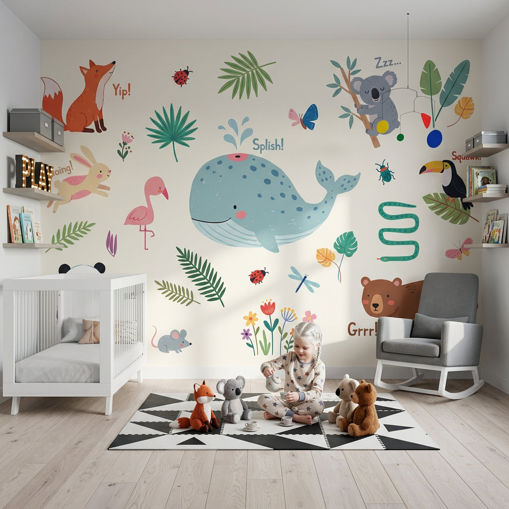 Kids Wallpaper Cute Animals Removable Whale Wall Decor