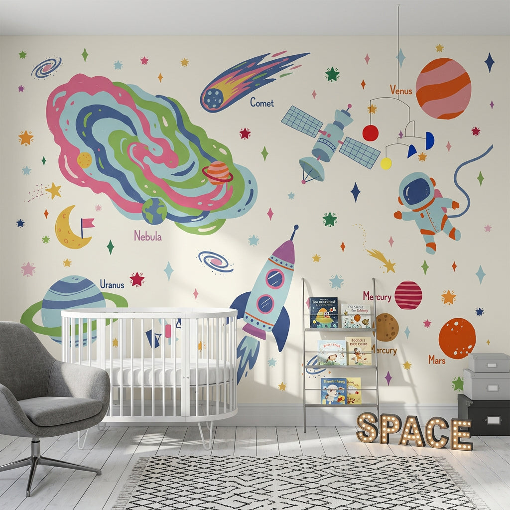 White Background Wallpaper Astronaut Floating Removable Wall Decor