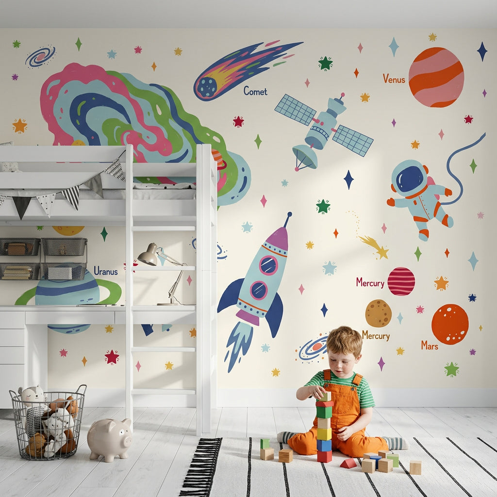 White Background Wallpaper Astronaut Floating Removable Wall Decor