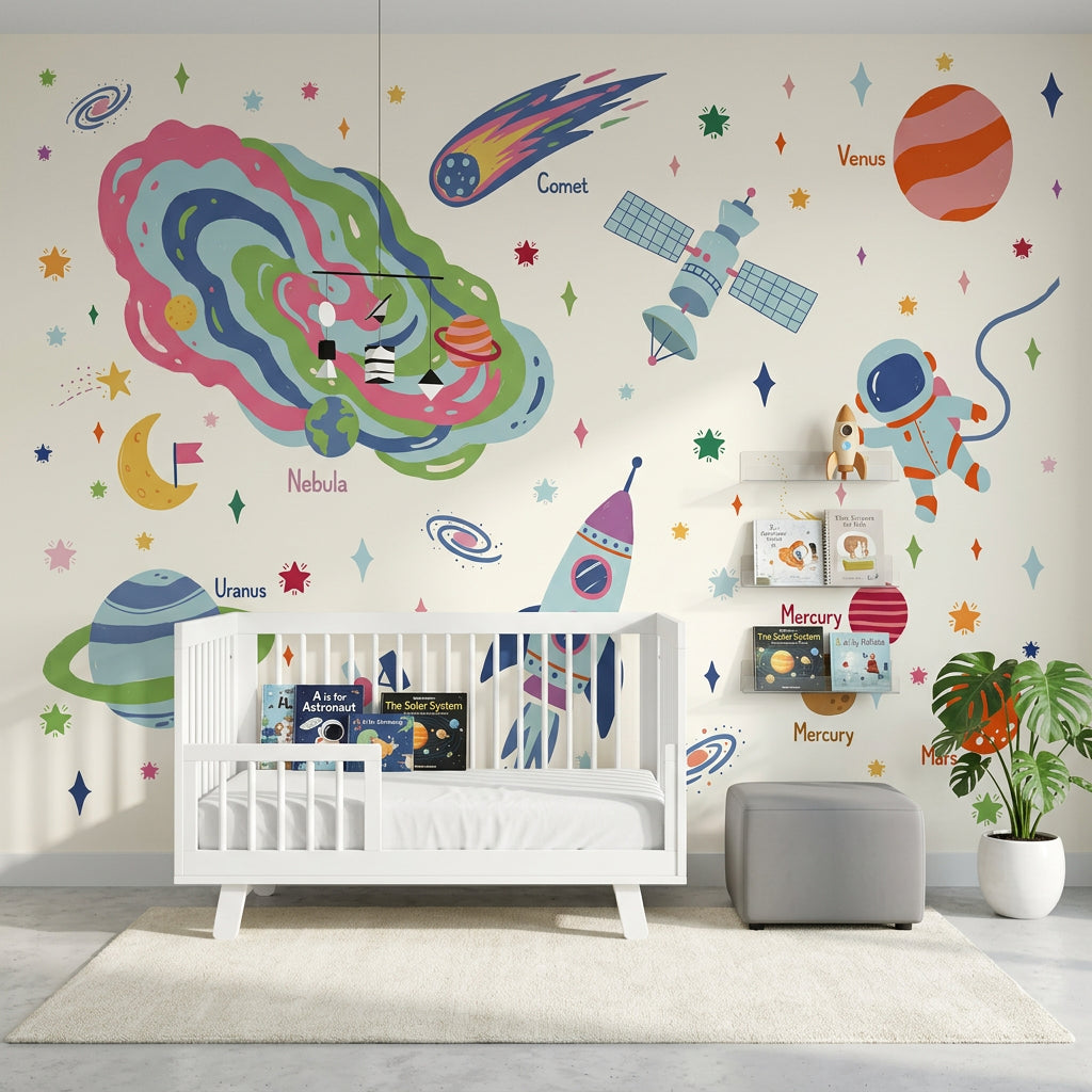 White Background Wallpaper Astronaut Floating Removable Wall Decor