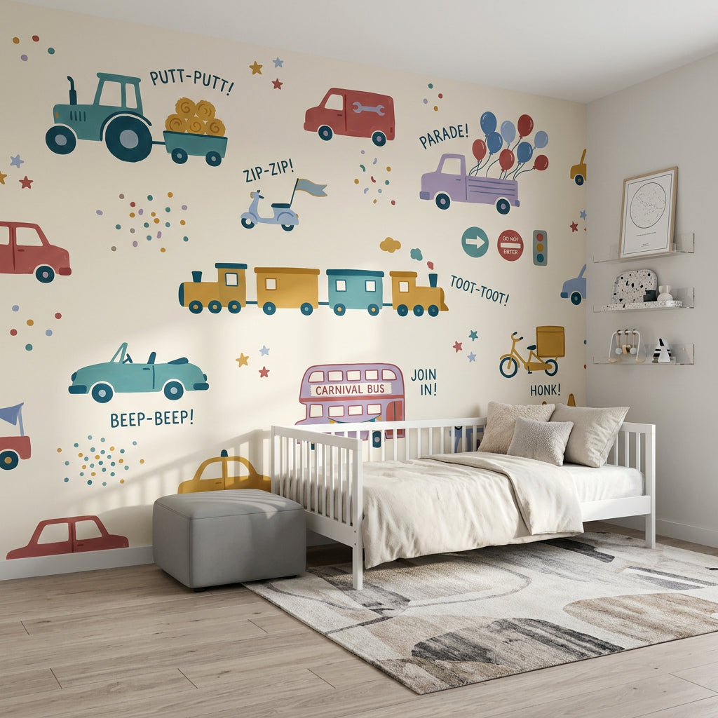 Kids Vehicles Wallpaper Transportation Parade Removable Wall Decor