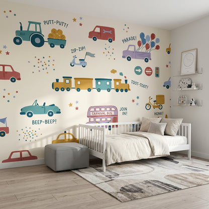Kids Vehicles Wallpaper Transportation Parade Removable Wall Decor