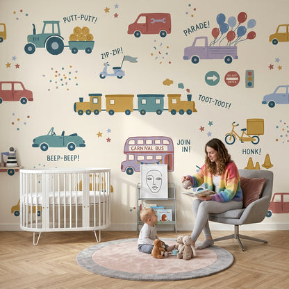 Kids Vehicles Wallpaper Transportation Parade Removable Wall Decor