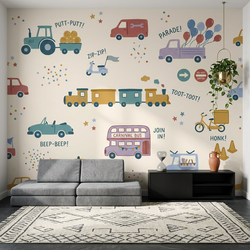 Kids Vehicles Wallpaper Transportation Parade Removable Wall Decor