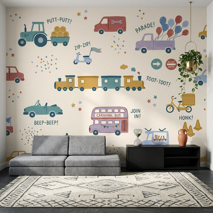 Kids Vehicles Wallpaper Transportation Parade Removable Wall Decor