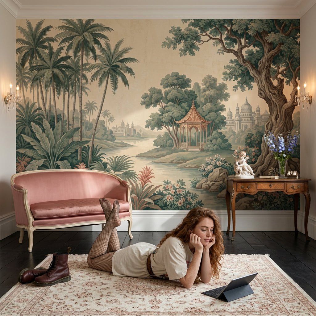 Tropical Landscape Wallpaper Palm Trees Removable River Scene Wall Decor