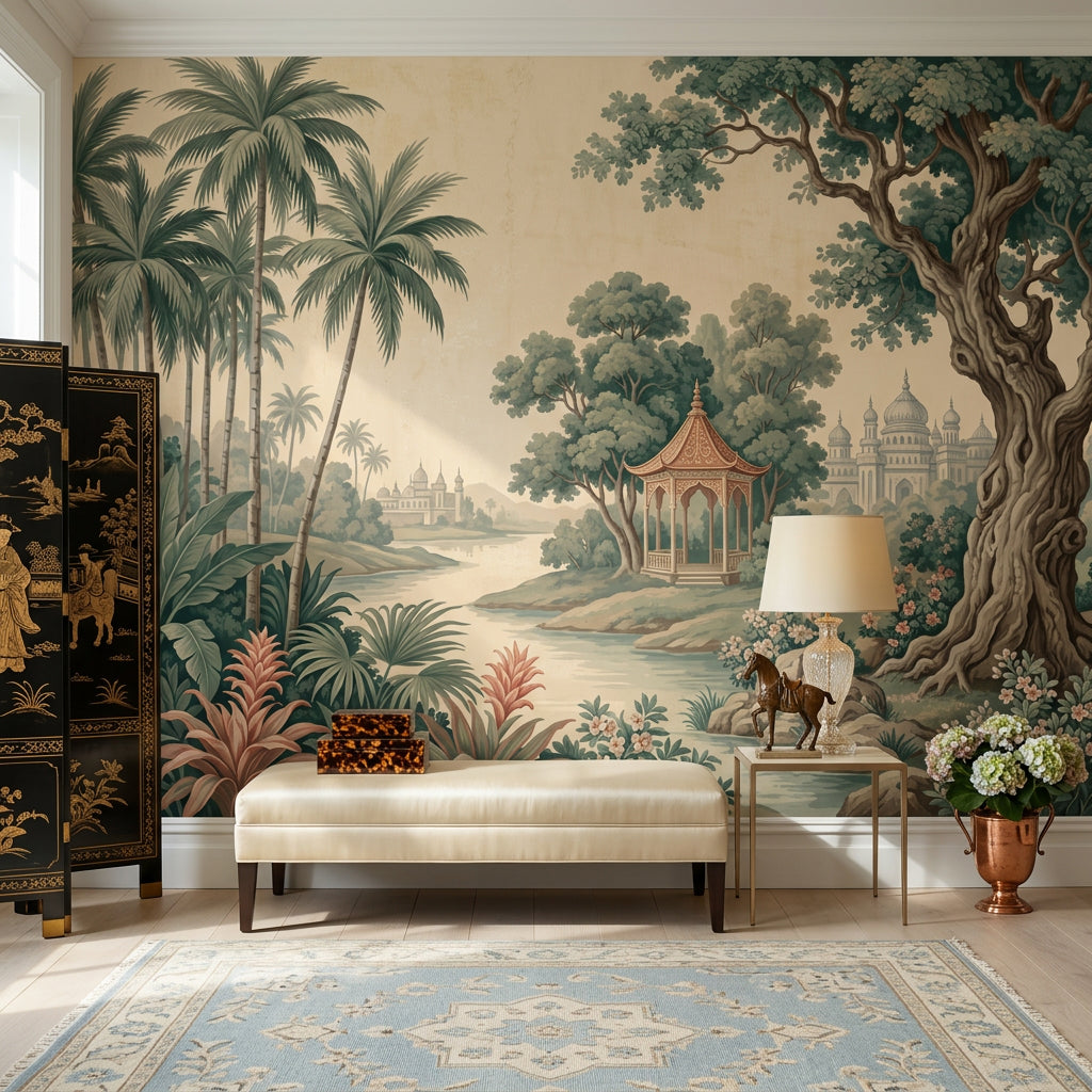 Tropical Landscape Wallpaper Palm Trees Removable River Scene Wall Decor