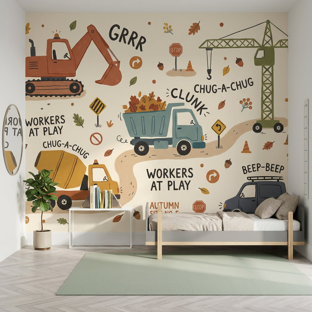 Construction Vehicles Wallpaper Autumn Removable Kids Wallpaper Wall Decor