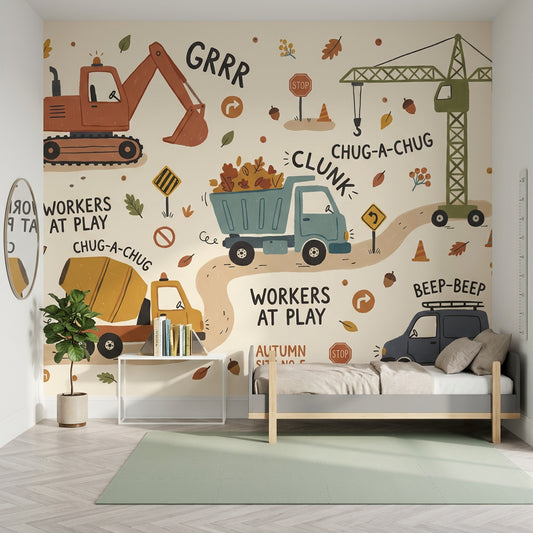 Construction Vehicles Wallpaper Autumn Removable Kids Wallpaper Wall Decor