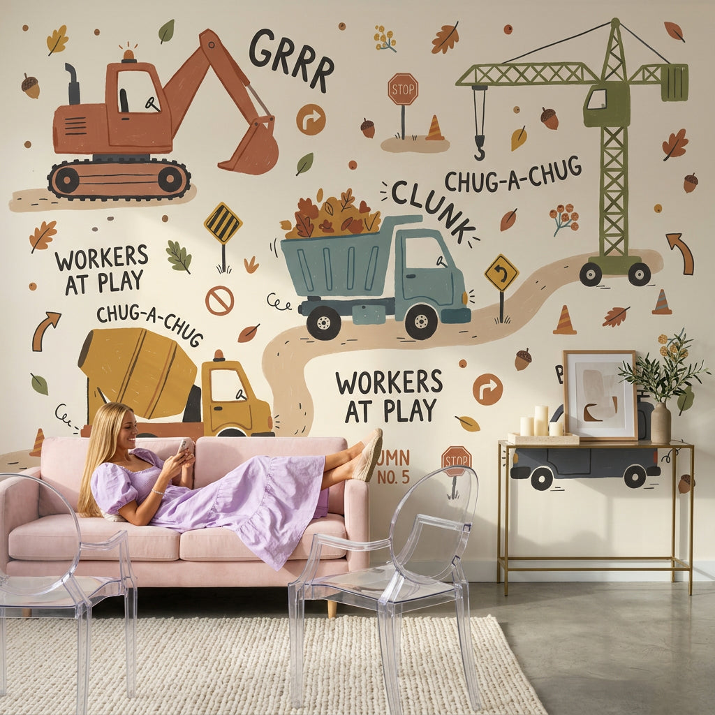 Construction Vehicles Wallpaper Autumn Removable Kids Wallpaper Wall Decor