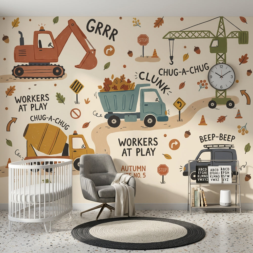 Construction Vehicles Wallpaper Autumn Removable Kids Wallpaper Wall Decor