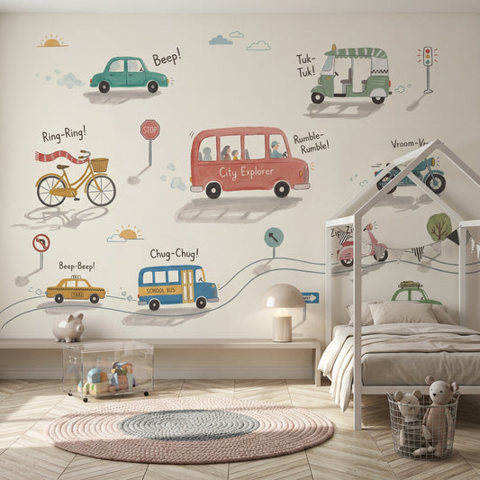 Transportation Wallpaper Vehicles Kids Illustration Wall Mural