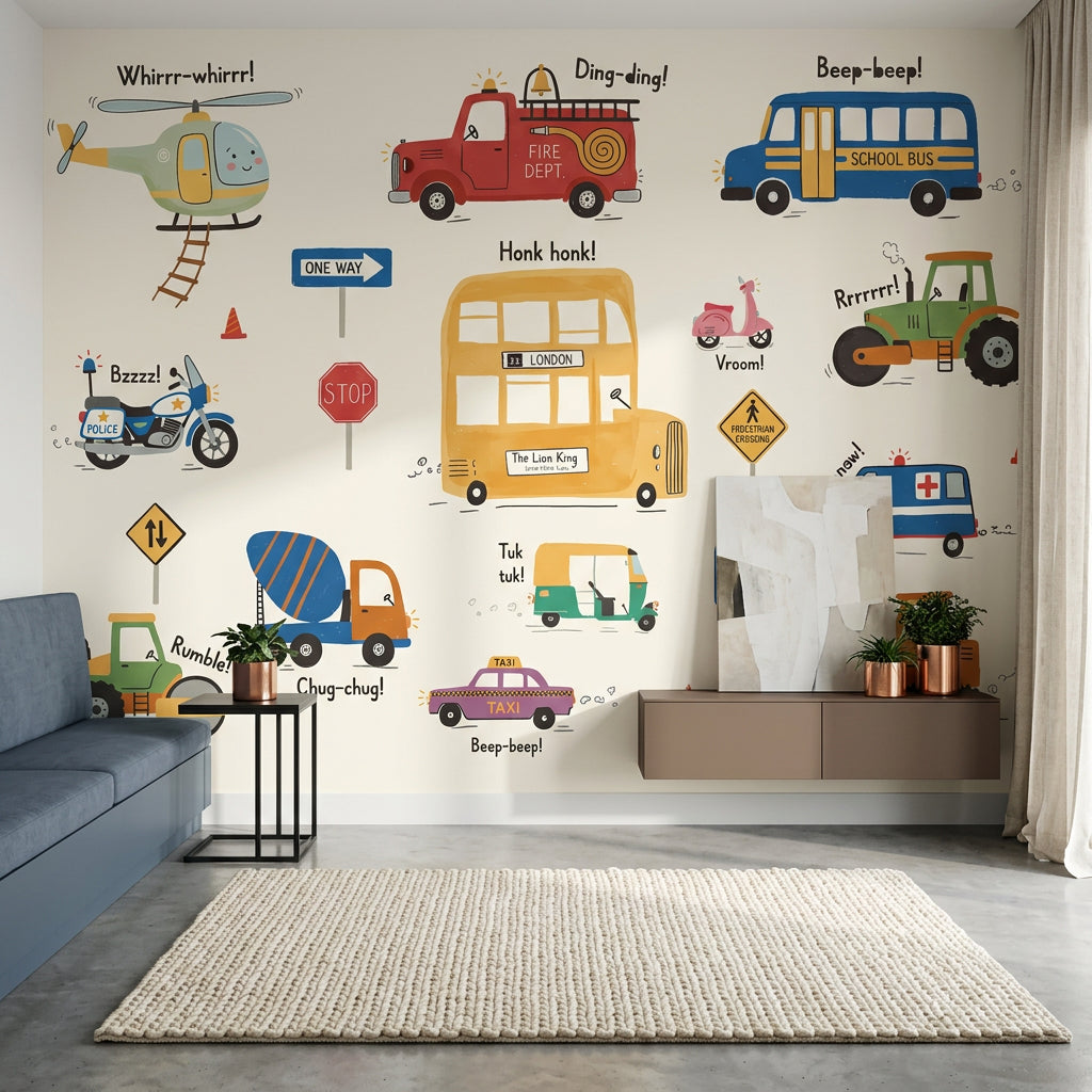 Kids Vehicles Wallpaper Transportation Cartoon Removable Wall Decor