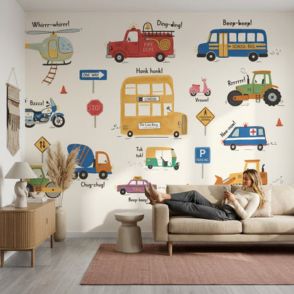 Kids Vehicles Wallpaper Transportation Cartoon Removable Wall Decor
