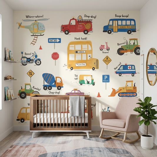 Kids Vehicles Wallpaper Transportation Cartoon Removable Wall Decor