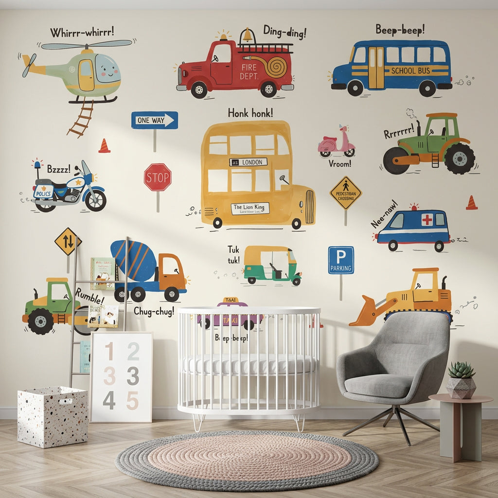 Kids Vehicles Wallpaper Transportation Cartoon Removable Wall Decor