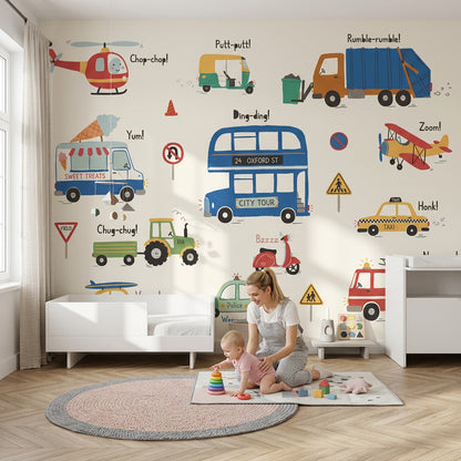 Kids Transportation Wallpaper Vehicles Removable Cartoon Illustration Wall Decor