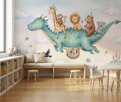 Flying Dragon Wallpaper Watercolor Removable Whimsical Wall Decor
