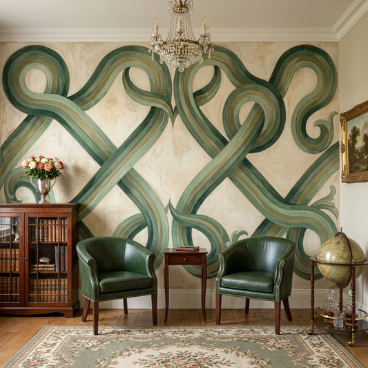 Interlaced Knotwork Wallpaper Green Ribbon Scrolls Removable Trellis Lattice Wall Decor