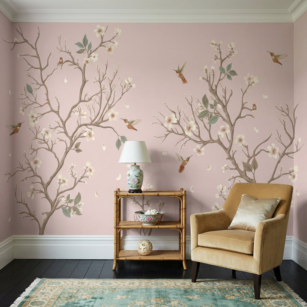 Floral Branches Wallpaper Cherry Blossoms Hummingbirds Removable Wall Decor