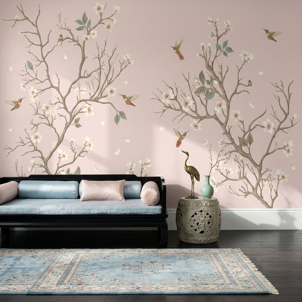 Floral Branches Wallpaper Cherry Blossoms Hummingbirds Removable Wall Decor