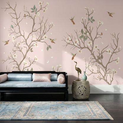 Floral Branches Wallpaper Cherry Blossoms Hummingbirds Removable Wall Decor