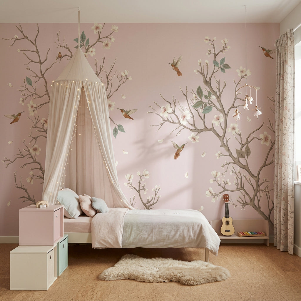 Floral Branches Wallpaper Cherry Blossoms Hummingbirds Removable Wall Decor