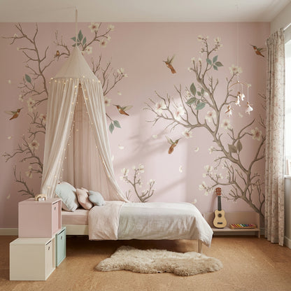 Floral Branches Wallpaper Cherry Blossoms Hummingbirds Removable Wall Decor