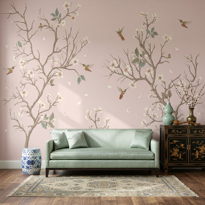 Floral Branches Wallpaper Cherry Blossoms Hummingbirds Removable Wall Decor