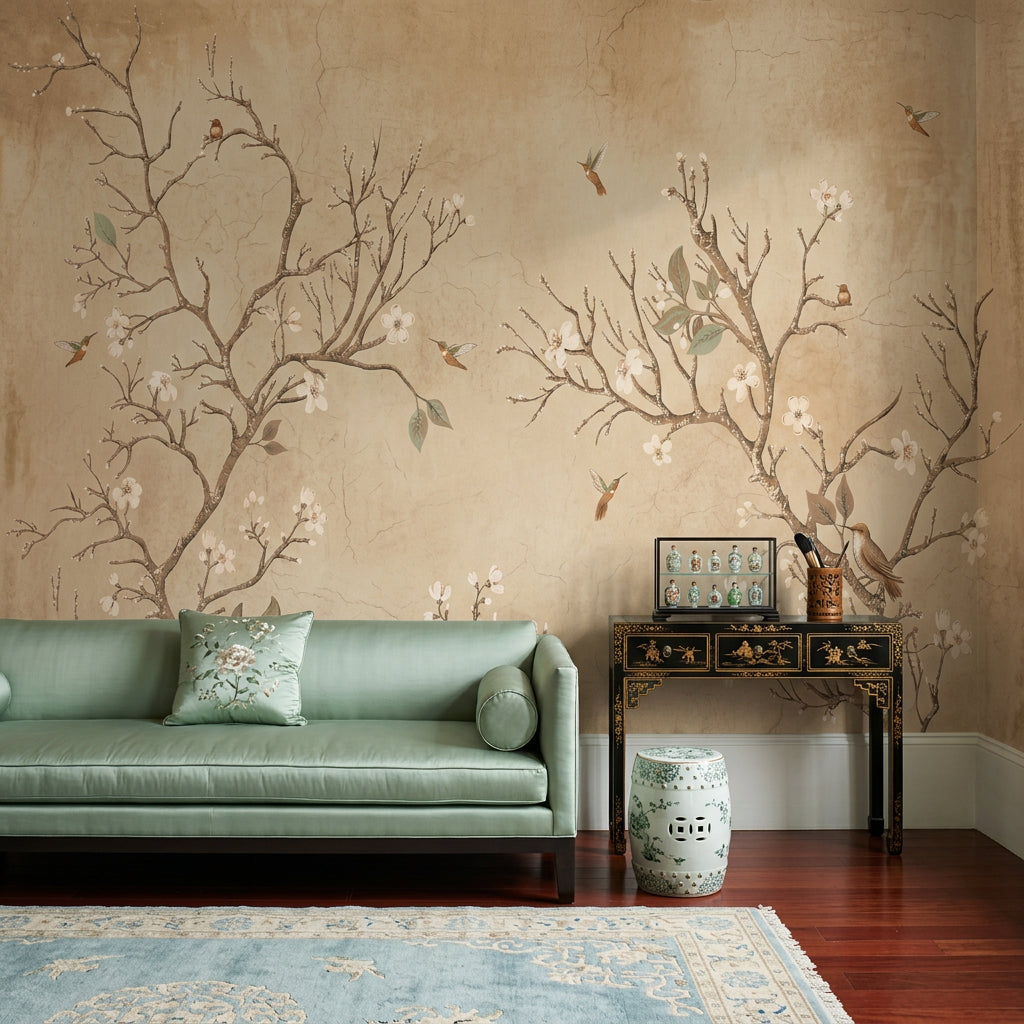 Muted Green Wallpaper Sage Chinoiserie Wall Mural