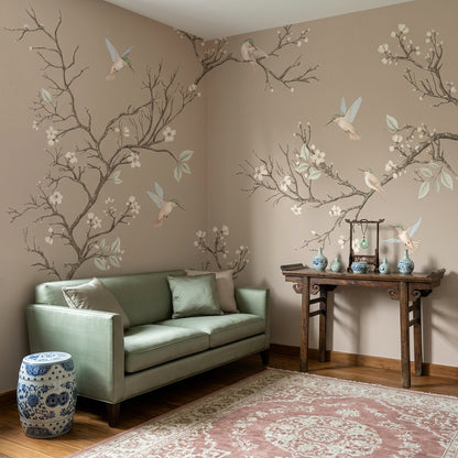 Muted Green Wallpaper Botanical Removable Bird Wall Decor