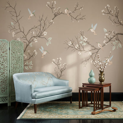 Muted Green Wallpaper Botanical Removable Bird Wall Decor