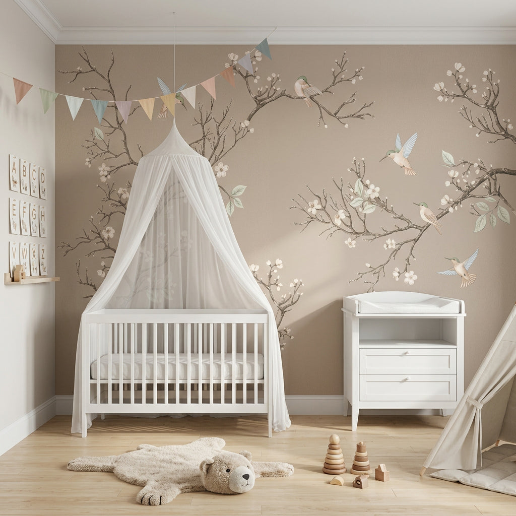 Muted Green Wallpaper Botanical Removable Bird Wall Decor