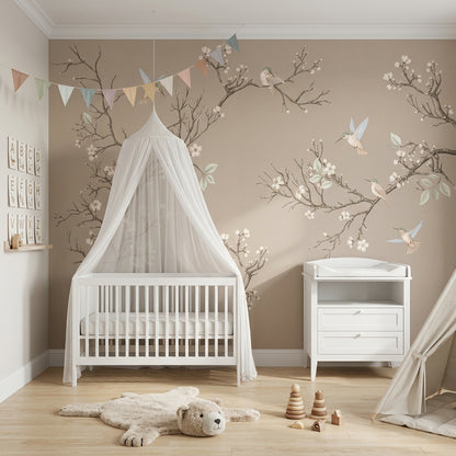 Muted Green Wallpaper Botanical Removable Bird Wall Decor