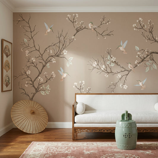 Muted Green Wallpaper Botanical Removable Bird Wall Decor