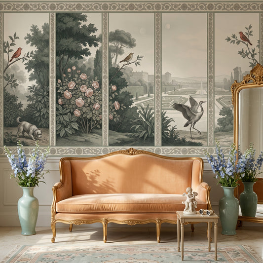 Vintage Garden Landscape Wallpaper Formal Parterre Birds And Cranes Removable Wall Decor