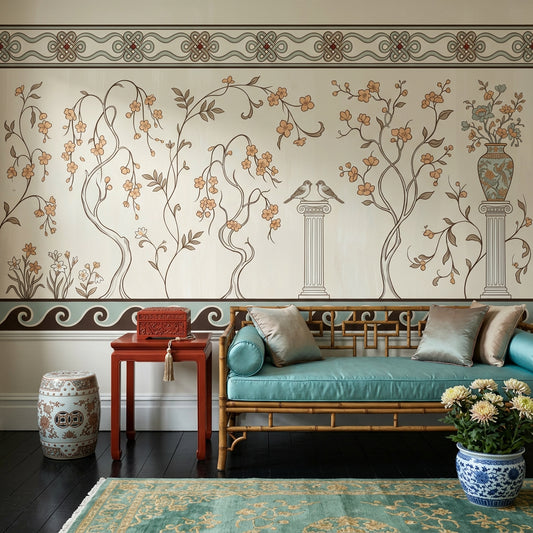 Floral Vines Wallpaper Classical Columns Removable Birds Wall Decor