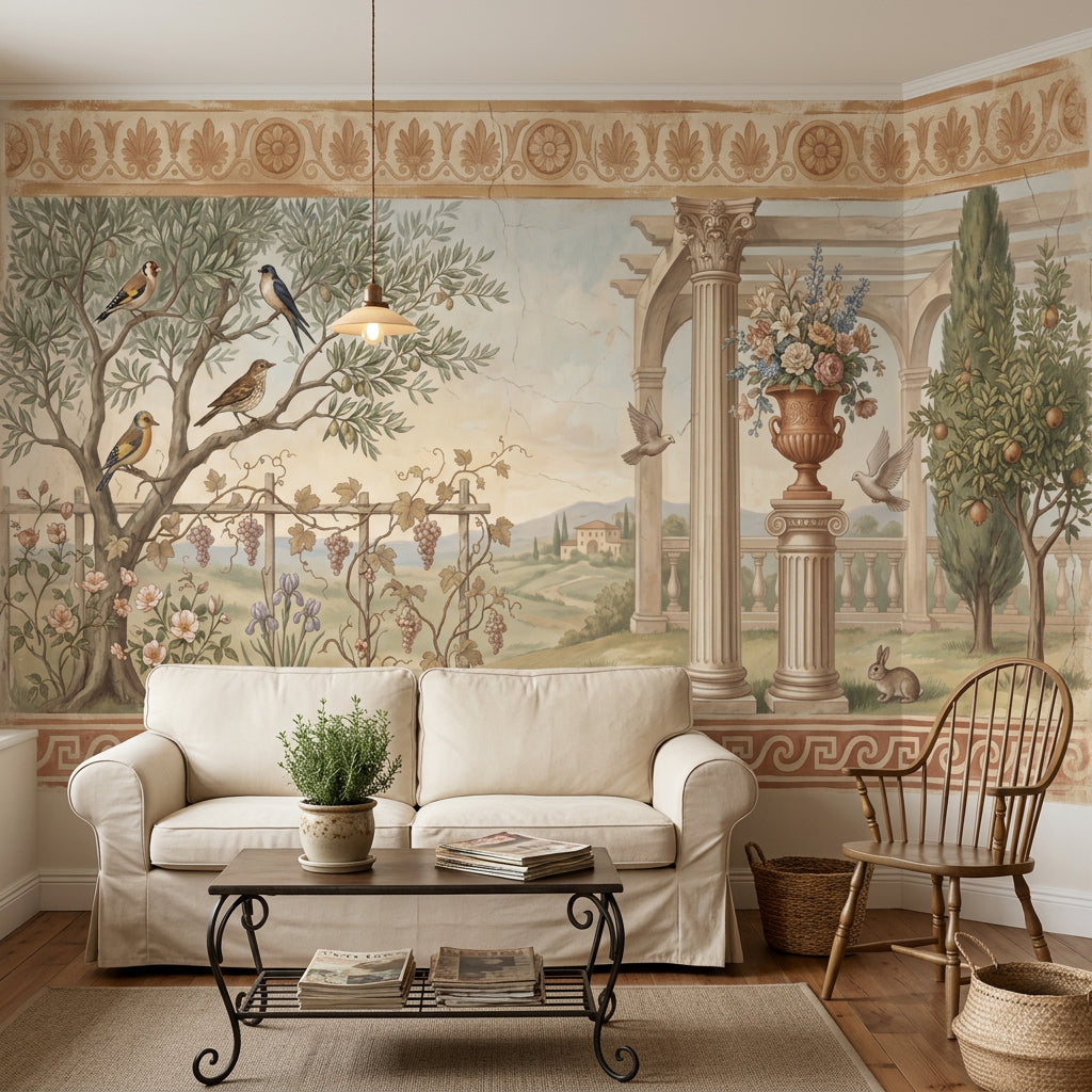 Mediterranean Landscape Wallpaper Classical Fresco Greek Key Border Removable Wall Decor