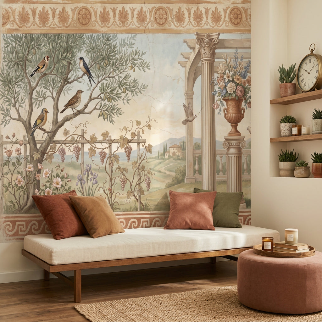 Mediterranean Landscape Wallpaper Classical Fresco Greek Key Border Removable Wall Decor