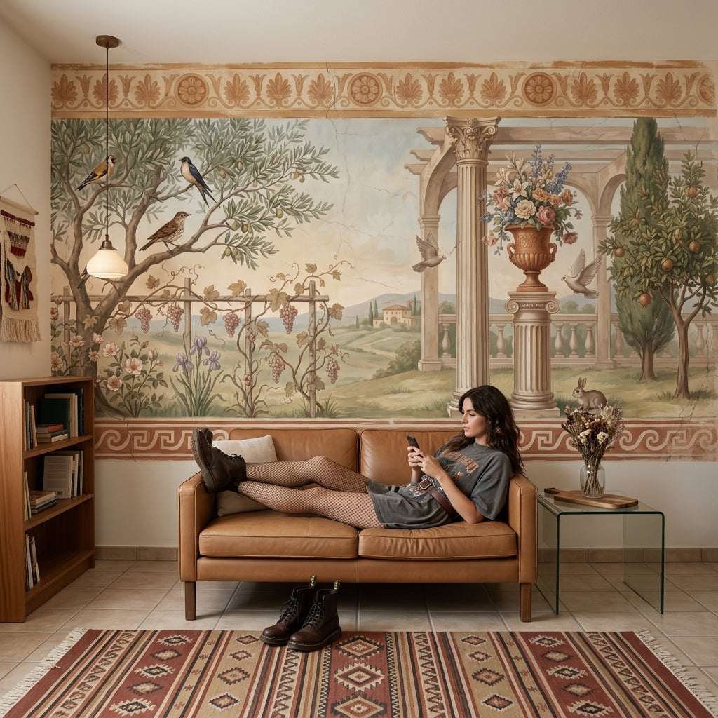Mediterranean Landscape Wallpaper Classical Fresco Greek Key Border Removable Wall Decor
