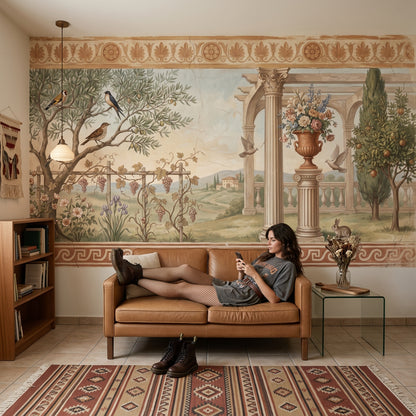 Mediterranean Landscape Wallpaper Classical Fresco Greek Key Border Removable Wall Decor